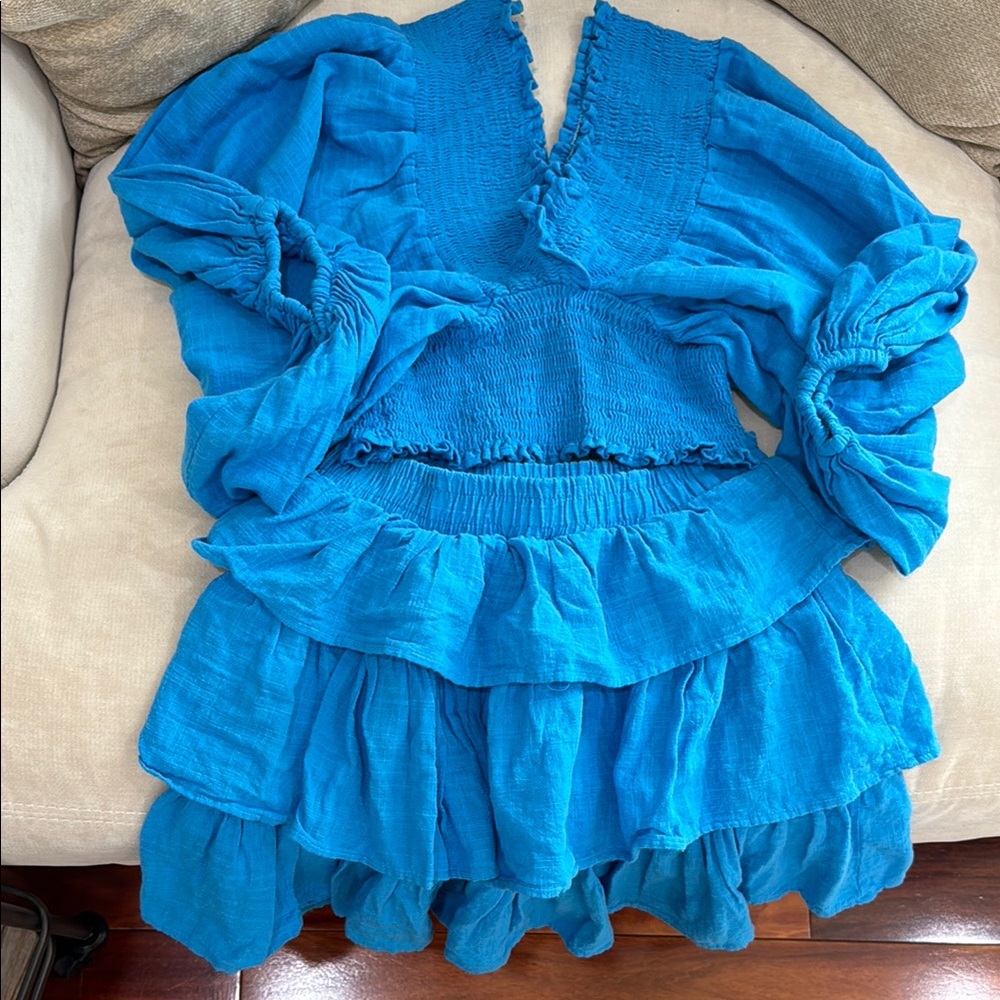 Blue Ruffled Women's Top and Skirt Set